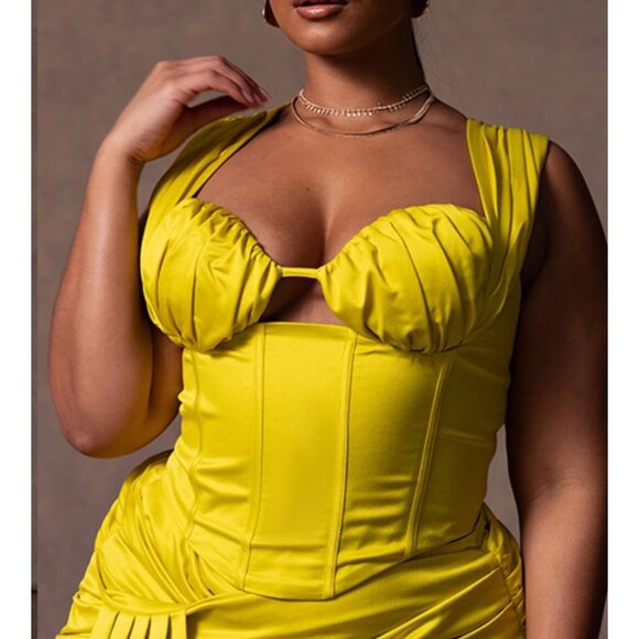PrettyLittleThing Tops - Womens Chartreuse Constructed Satin Ruched Bust Corset US/18 PrettyLittleThing